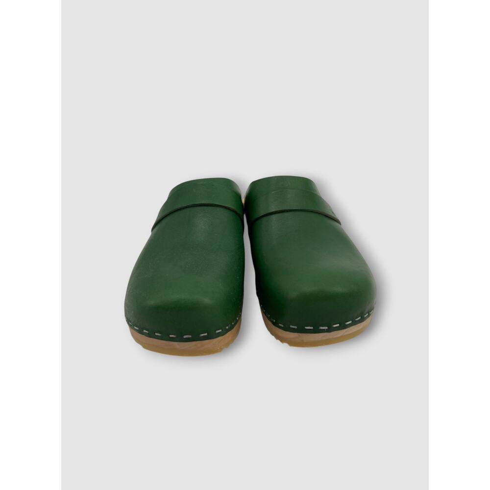 Swedish Hasbeens Green Leather Clogs Wood Platform Mule Clogs Size 38 - Picture 6 of 9